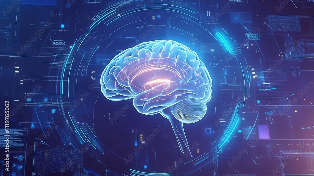 Aufkleber digital brain with data flowing, ai concept background, futuristic technology illustration with holo
