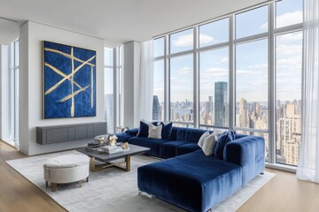 Elegant living room interior large blue velvet sectional sofa