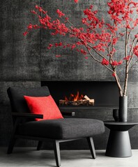 Modern Living Room with Black Chair and Red Accents