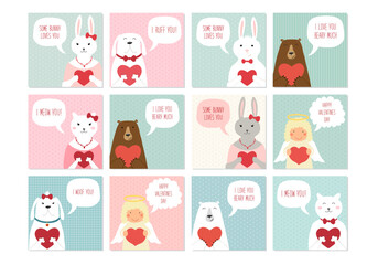 Set of cute retro hand drawn Valentine's Day cards as funny animal characters