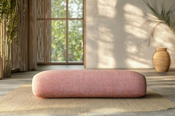 Yoga bolster is resting on a mat in a meditation room with sunlight shining through the window
