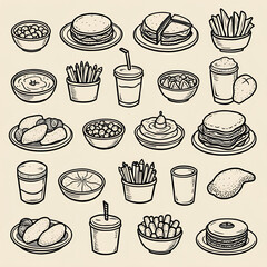 Hand-drawn vintage food illustrations in black and white on beige background with retro menu styling
