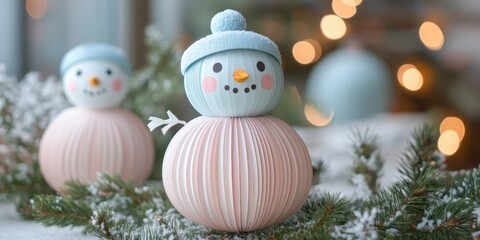 Festive winter decoration featuring handcrafted snowmen with pastel colors in a cozy holiday setting