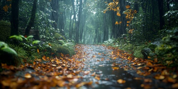 Rainy Forest Path Autumn Leaves Nature Tranquility - Powered by Adobe