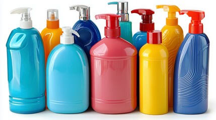 Colorful Assortment of Bottles Shaped for Cleaning Products and Personal Care Items in Various Sizes and Shapes