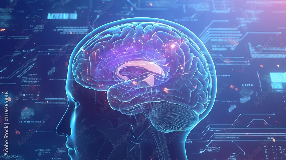 Poster digital brain with data flowing, ai concept background, futuristic technology illustration with holo