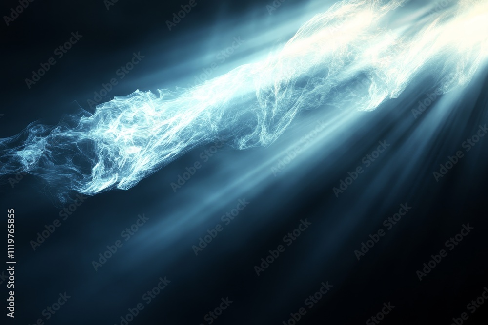 Poster ethereal light beam shining through dark space, creating a mesmerizing atmosphere with soft swirls o