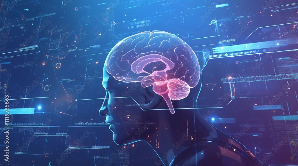 Poster digital brain with data flowing, ai concept background, futuristic technology illustration with holo