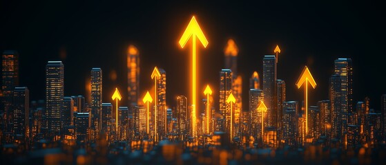 City skyline with a bright yellow arrow pointing upwards. Concept of progress and growth, as the arrow represents the upward trajectory of the city