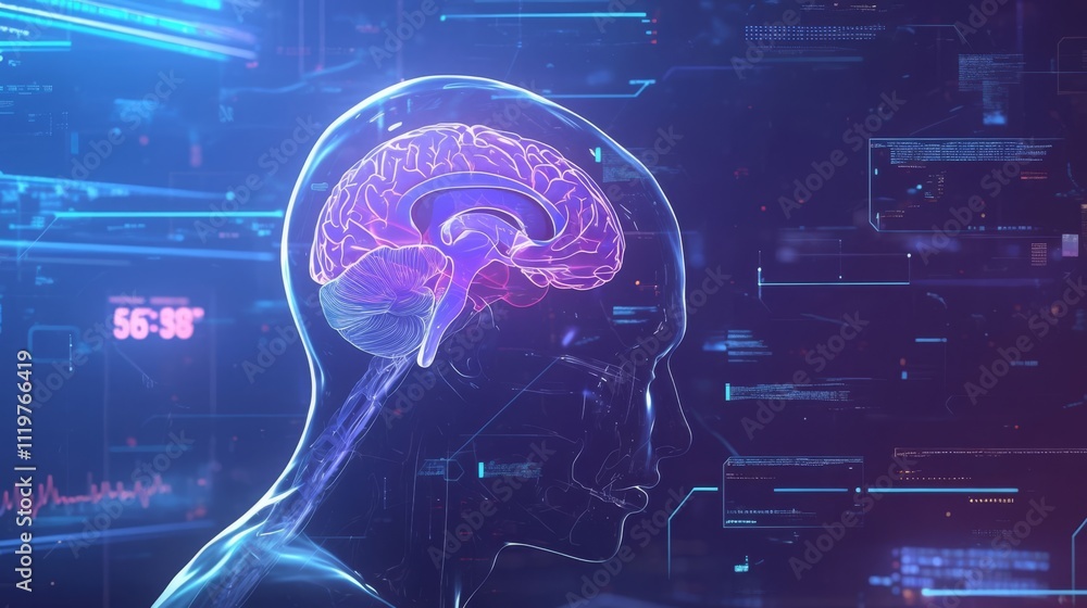 Poster digital brain with data flowing, ai concept background, futuristic technology illustration with holo