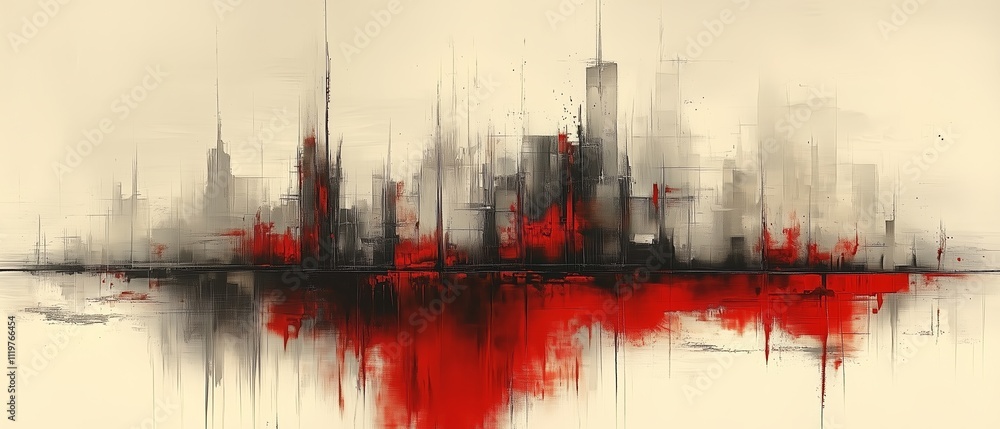 Poster cityscape with a red line running through it. the red line is a reflection of the city and the water