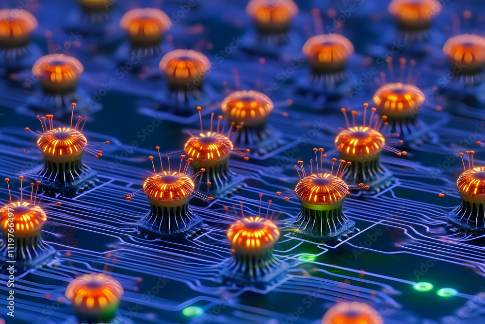 Poster close-up of illuminated circuit board components.