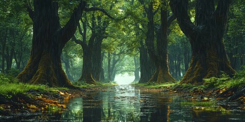 Moody Rainy Forest Path Tranquil Nature Scene Lush Greenery Ancient Trees Creek 8k