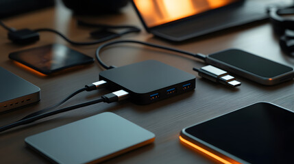Sleek USB hub with multiple ports connected to various devices, showcasing modern design and functionality in a tech-focused setup.