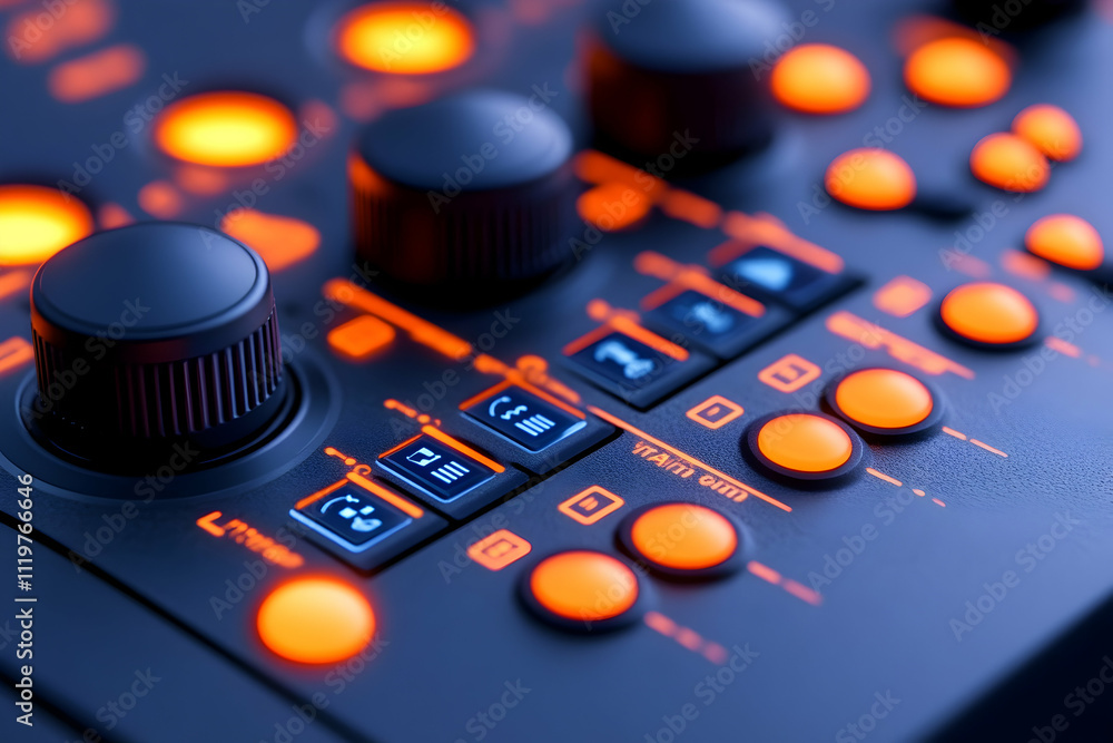 Poster close-up of illuminated control panel with knobs and buttons.