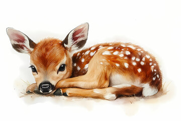 Watercolor masterpiece featuring a baby deer, pastel colors, soft, dreamy atmosphere, Bohemian style, isolated on white