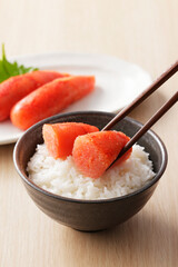 ご飯に乗った辛子明太子　Spicy cod roe on rice
