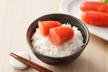 ご飯に乗った辛子明太子　Spicy cod roe on rice