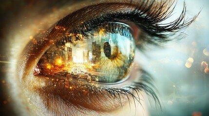Close up of a woman's eye with a city reflected in it. The eye is surrounded by a blurry cityscape, with tall buildings and a busy street. The reflection of the city creates a sense of depth