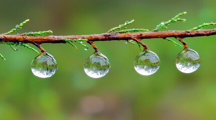 Dew Drops on a Green Leafy Branch Reflecting Nature's Beauty in a Tranquil Outdoor Setting After Rainfall