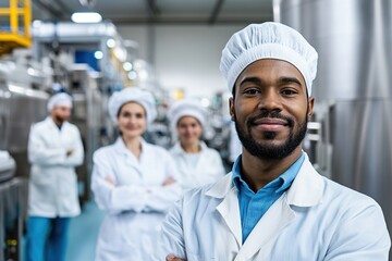 Confident food industry team smiling in factory.