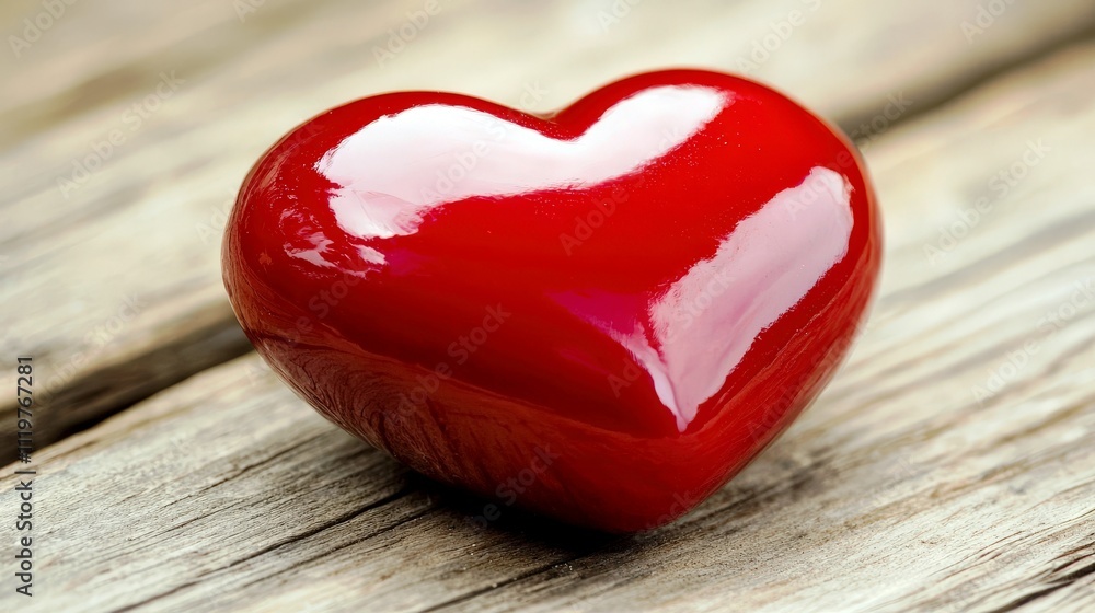 Poster shiny red heart shaped object resting on a wooden surface showcasing love and affection in a romanti