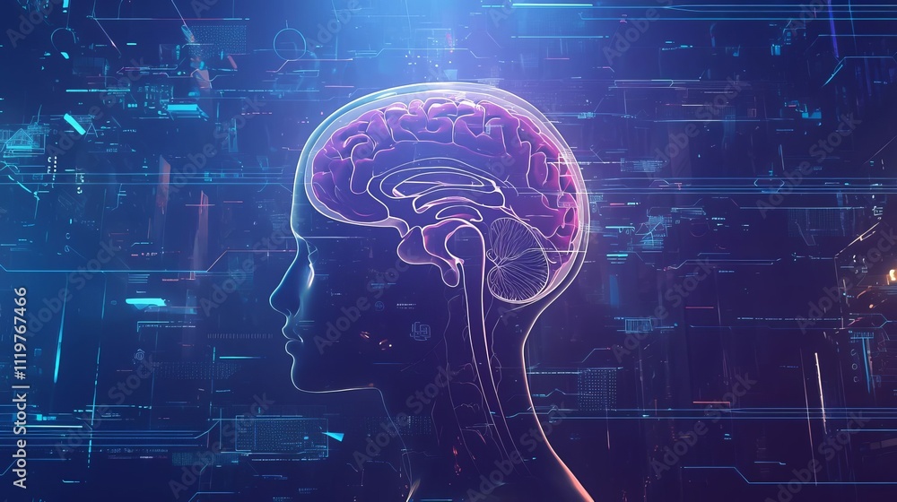 Poster digital brain with data flowing, ai concept background, futuristic technology illustration with holo