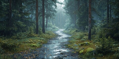 Obraz premium Rainy Forest Path Lush Moss Trees Nature 8K