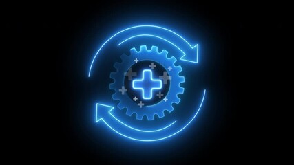 Recovery sign, business continuity concept for planning, management, risk, operation, resilience and procedures. Plus sign inside gear icon with cycle arrows isolated on transparent background.