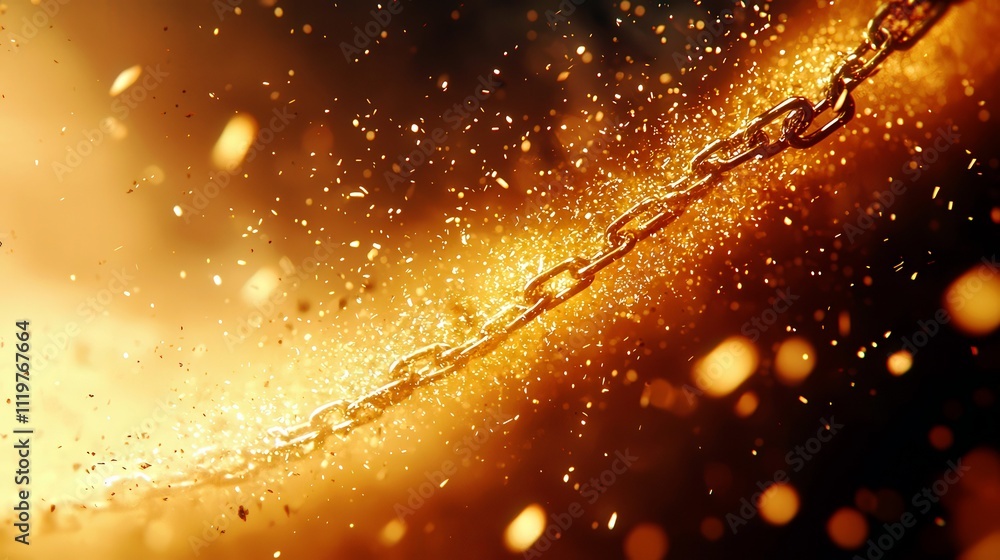 Poster glowing golden chain against sparkling background with burst of light in artistic composition