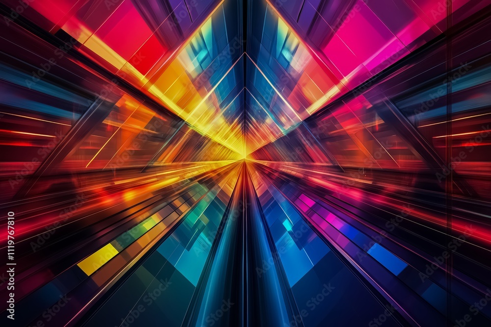 Poster colorful image of a building with a rainbow of colors. the image is abstract and has a futuristic fe
