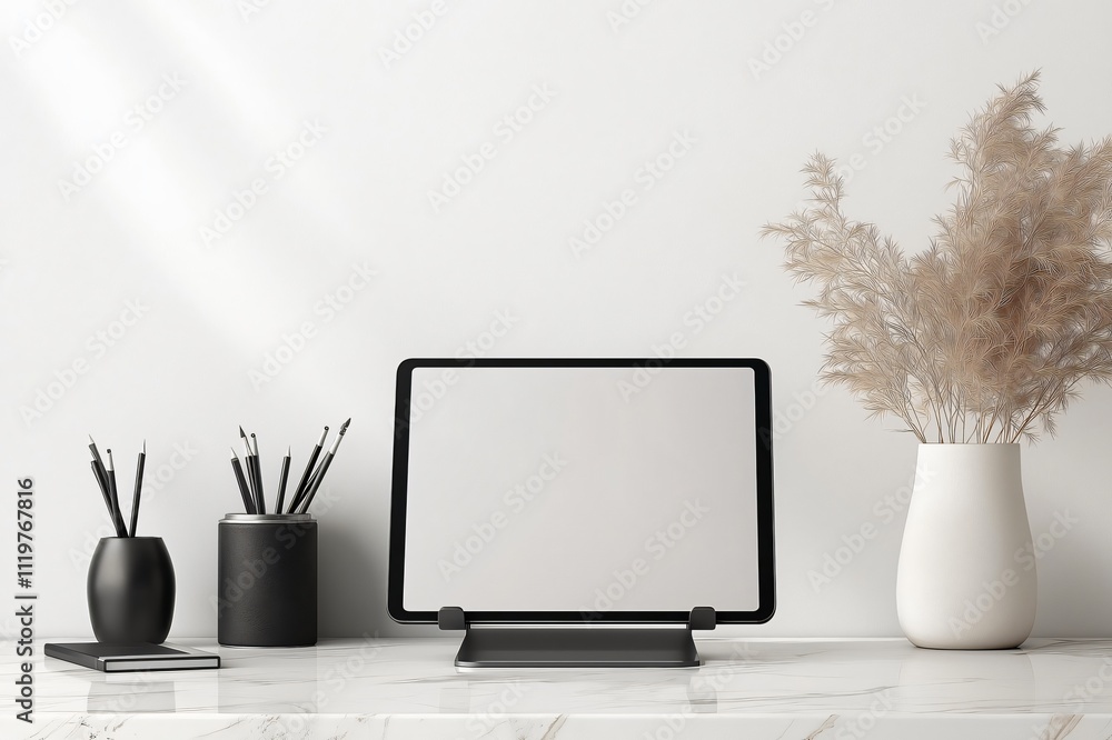 Poster customizable tablet mockup displayed on a stand with pens, notebook and vase on a marble desk in a m