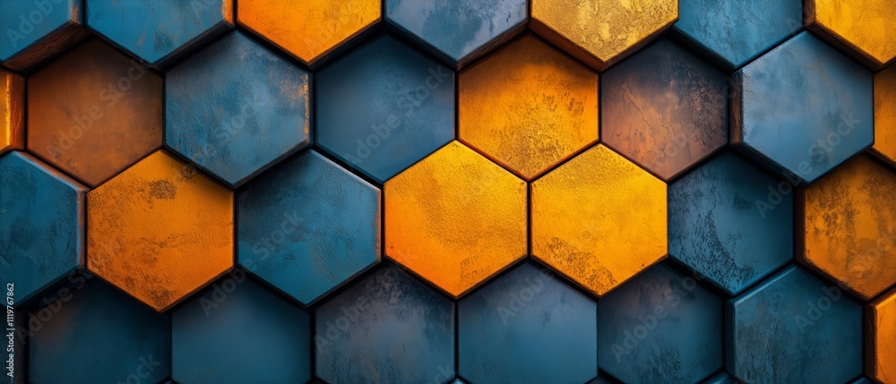 Aufkleber colorful pattern of hexagons with blue and orange colors. the pattern is made of bricks and has a ro