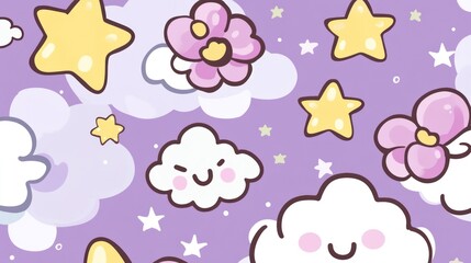 A whimsical pattern featuring cute clouds, stars, and flowers on a purple background.