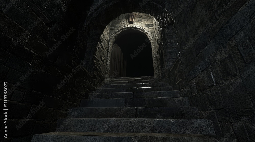 Poster 3d render of a mysterious door with steps leading into a dark corridor, creating a dramatic atmosphe