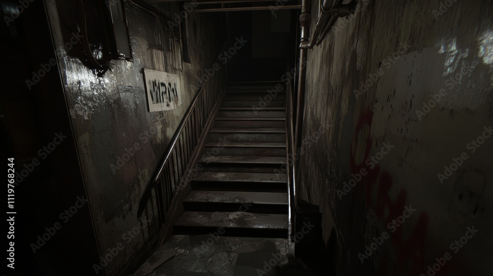 Poster 3d render of a mysterious door with steps leading into a dark corridor, creating a dramatic atmosphe