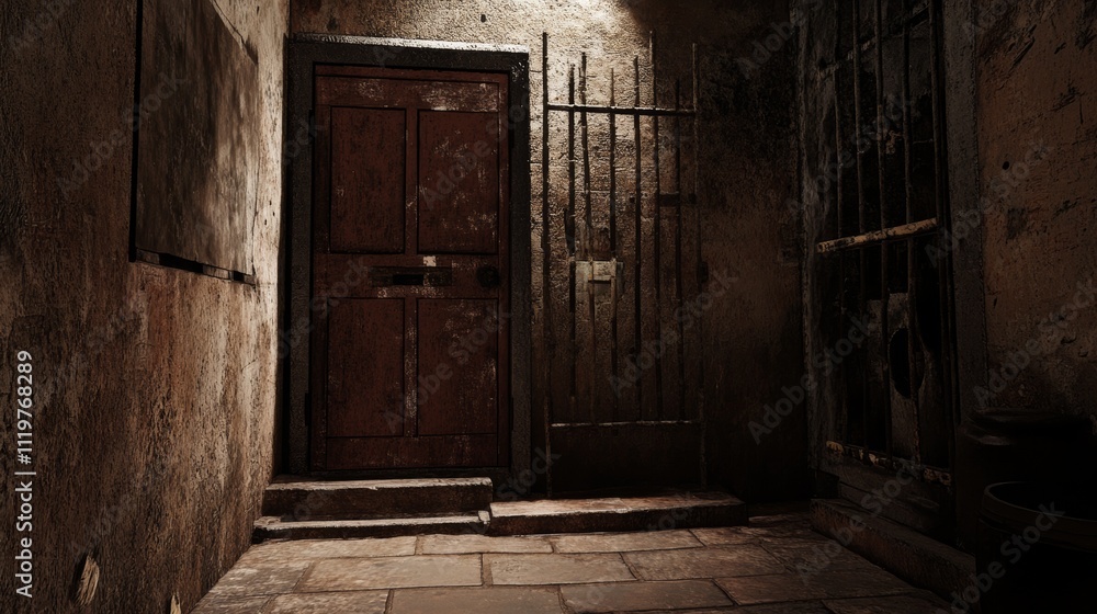 Poster 3d render of a mysterious door with steps leading into a dark corridor, creating a dramatic atmosphe