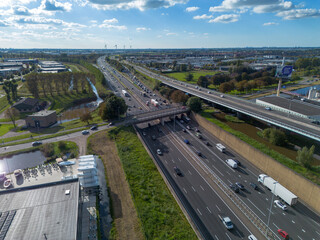 Traffic jam at the motorway split of A12 and A20 at intersection Gouwe Gouda