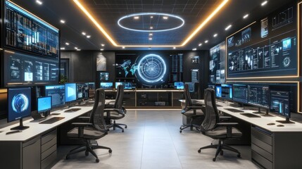Futuristic control room with multiple workstations displaying data analytics.