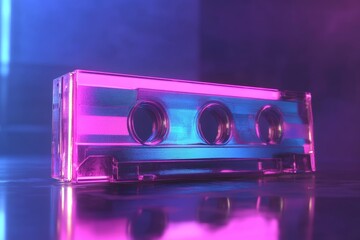 Neon Pink and Blue Vintage Cassette Tape on Reflective Surface with Bold Color Gradients Capturing...