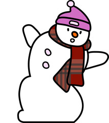 Christmas funny character snowman vector illustration. Hipster snowman in scarf and hat flat style. Isolated on blue background.