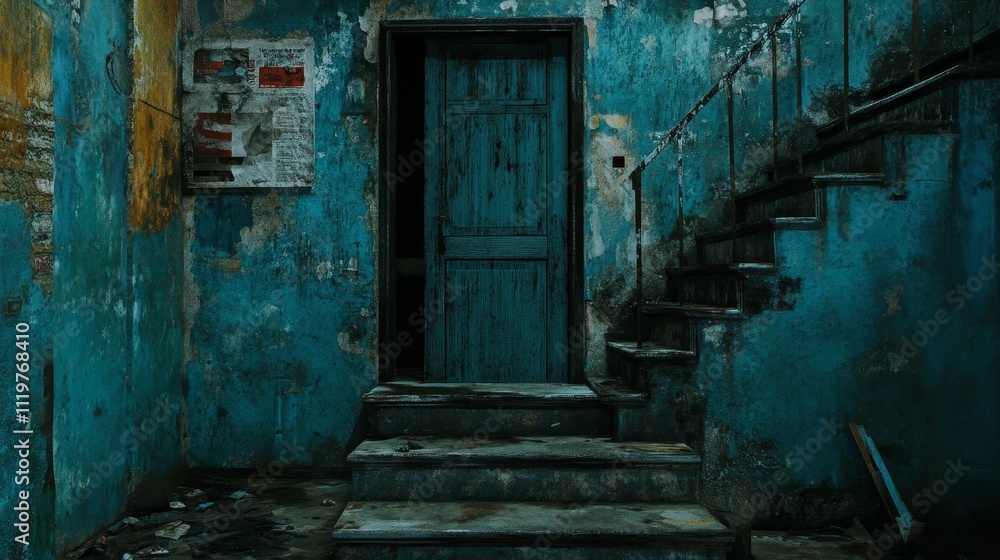 Poster 3d render of a mysterious door with steps leading into a dark corridor, creating a dramatic atmosphe