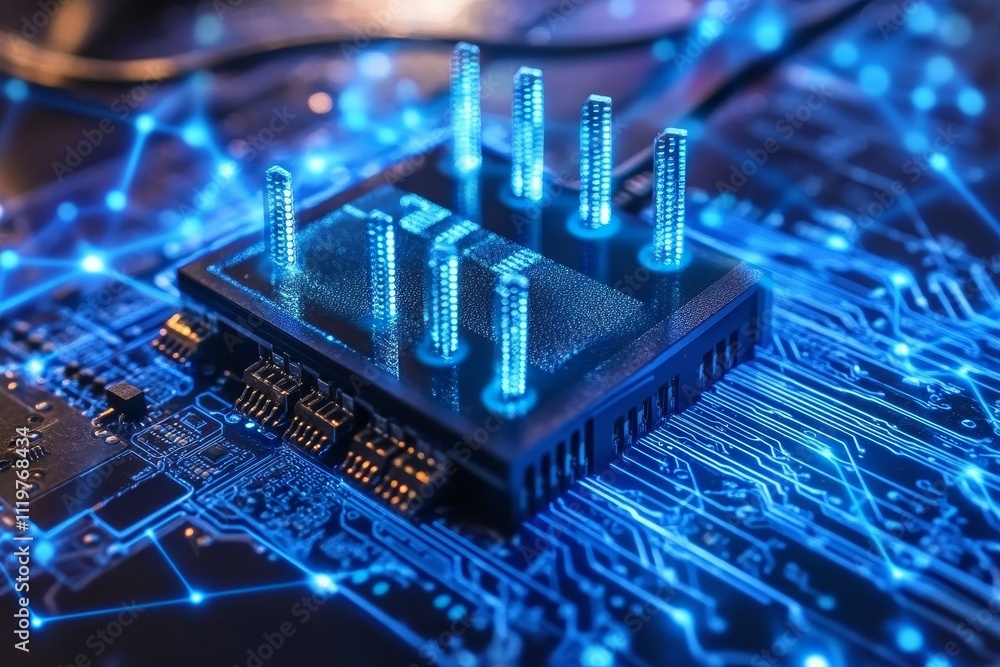 Aufkleber futuristic microchip with blue neon lights on circuit board surrounded by digital connections and da