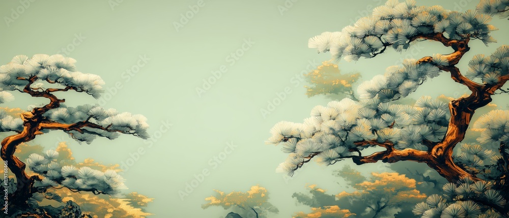 Poster computer generated image of two trees with white leaves. the trees are in a forest and the backgroun