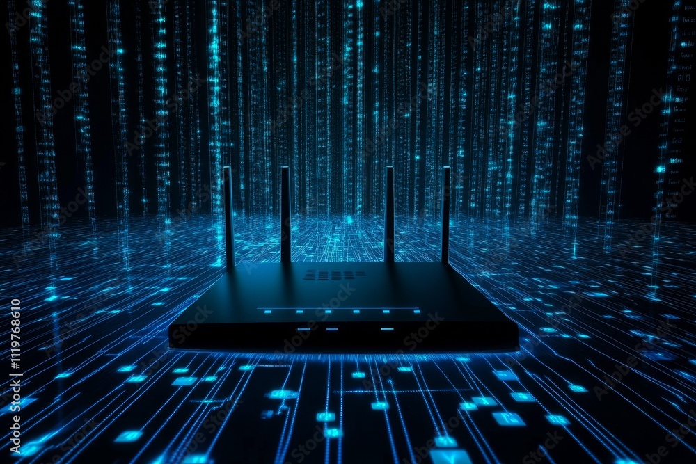 Poster futuristic wireless router surrounded by glowing digital data streams representing modern connectivi