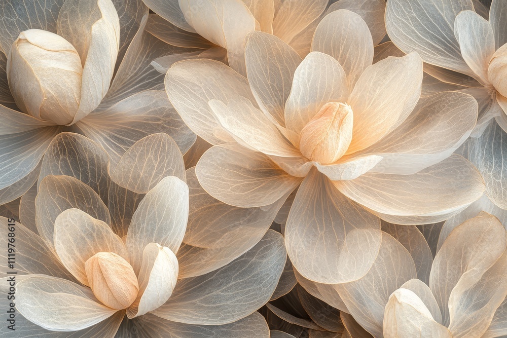 Poster delicate and ethereal flower petals undulating in soft light, creating a dreamy atmosphere with subt