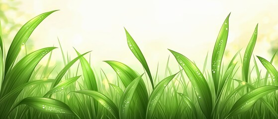Fototapeta premium Field of green grass with a few droplets of water on the leaves. The grass is tall and lush, creating a serene and peaceful atmosphere