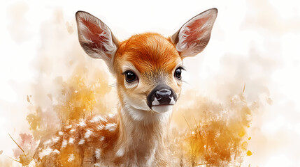 Watercolor masterpiece featuring a baby deer, pastel colors, soft, dreamy atmosphere, Bohemian style, isolated on white