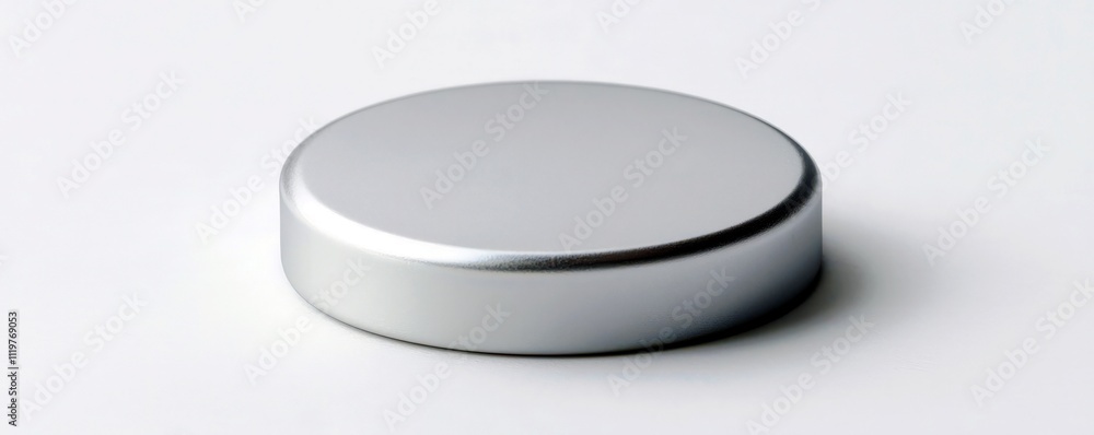 Poster smooth silver round metal disk on white surface with soft reflections and elegant shadows for minima