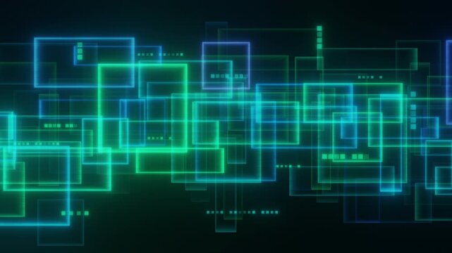 3d futuristic abstract background featuring glowing interconnected rectangles and lines in vibrant shades of blue and green